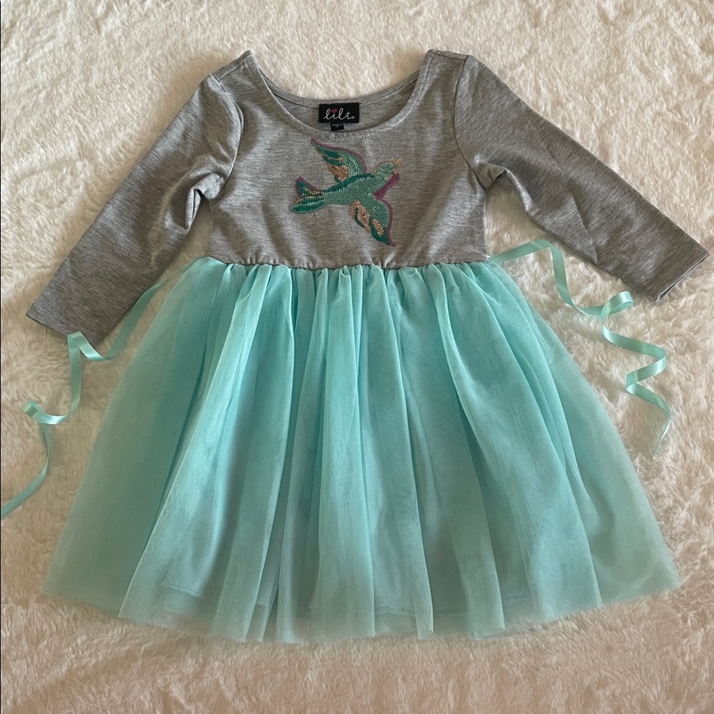 Lilt Gray and Teal Tulle Dress with Bird Design SZ 4